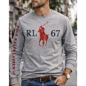 Polo Ralph Lauren RL 67 Long Sleeve Shirt Gray Red Big Pony Logo Size L
